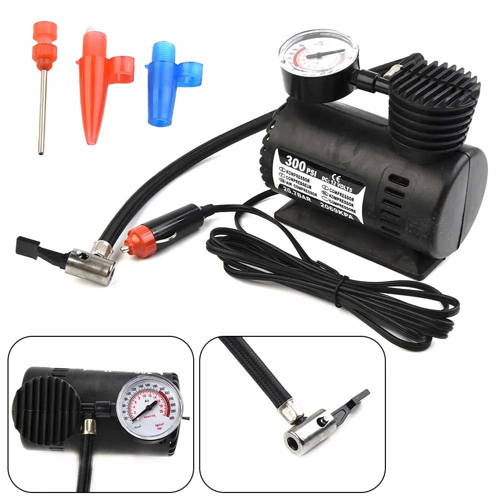 DC 12V 300PSI Mini Air Compressor Electric Tire Inflator With Gauge Electric Compact Air Pump Car Tire Inflation Tire Pump